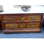 A 19th.C.MAHOGANY AND BURLWOOD VENEERED TWO DRAWER LOW CHEST WITH MARBLE TOP. W.133 x H.73 x D.