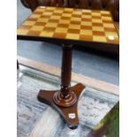 A 19th.C.MAHOGANY OCCASIONAL TABLE WITH CHEQUERBOARD TOP. 34 cms SQUARE H.49cms.