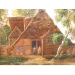 18th/19th.C.CONTINENTAL SCHOOL. A RUSTIC COTTAGE BY A POND, OIL ON CANVAS. 38 x 48cms.
