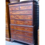 AN EARLY 19th.C.MAHOGANY CHEST ON CHEST TALLBOY WITH TWO SHORT OVER SIX LONG DRAREWS ON BRACKET
