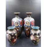 TWO PAIRS OF JAPANESE CLOISONNE VASES, THE TALLER WITH ROUNDEL BAND ABOVE LAPPETS, H.31cms, THE