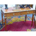 A GOOD QUALITY PARQUETRY INLAID FRENCH LOUIS XVI STYLE TWO DRAWER WRITING TABLE WITH INSET LEATHER