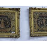 TWO EARLY GILT FRAMED NEEDLEPOINT PANELS OF A GIRL AND A BOY FLANKED BY FLOWERS AND BIRDS. 48 x