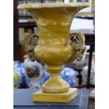 A PAIR OF CONTINENTAL FRENCH EMPIRE STYLE ORMOLU MOUNTED SIENNA MARBLE CAMPAGNA FORM VASES ON PLINTH