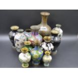 TWELVE CHINESE CLOISONNE VASES TO INCLUDE TWO PAIRS, THE TALLEST. H.23cms.