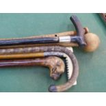 A VICTORIAN MALACCA AND IVORY HANDLED WALKING STICK WITH SILVER COLLAR AND FIVE OTHERS, VARIOUS.
