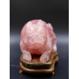 A CHINESE ROSE QUARTZ CARVING OF A CROUCHING PUPPY. W.12cms ON A WOOD STAND.