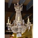 A LATE 19th.C.GILT METAL AND CRYSTAL BAGUETTE CHANDELIER. DROP 95cms.