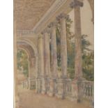 BERNARD C GOTCH. (1876-1963) ARR. A CLASSICAL COLONNADE, SIGNED WATERCOLOUR. 37 x 24cms TOGETHER