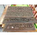 A GROUP OF FOUR ASIAN CARVED HARDWOOD PANELS EACH VARIOUSLY CARVED WITH FIGURES, FOLIAGE AND