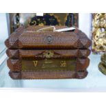AN 1897 TRAMP ART BOX, THE GREEN VELVET PANEL TO THE FRONT WITH GILT METAL LETTERING ZUM ANDENKEN, A