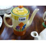 NEWPORT AND WILKINSON POTTERIES CLARICE CLIFF BIZARRE CROCUS PATTERN. TWO TEA POTS, A COFFEE POT AND