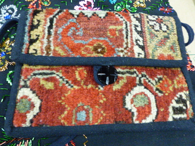 A RUSSIAN ART DECO COLOURFUL BEADED BLACK RUNNER. 68.5 x 142.5cms. A BEADED BAG, A PURSE, THREE - Image 8 of 11