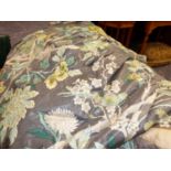 CURTAINS. ONE PAIR OF GREY FLORAL DECORATED SATIN COTTON LINED AND INTER LINED CURTAINS. EACH