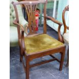 A GEO.III MAHOGANY COUNTRY CHIPPENDALE OPEN ARMCHAIR WITH VELVET DROP IN SEAT ON SQUARE CHAMFERED