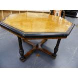 A VICTORIAN AMBOYNA VENEERED LOW OCTAGONAL SIDE TABLE, SATINWOOD CROSSBANDED ON EBONISED AND