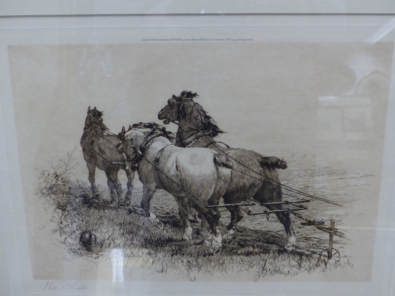 AFTER THOMAS BLINKS. (1860-1912) PLOUGH HORSES, PENCIL SIGNED PRINT, IMAGE SIZE. 22.5 x 33cms.