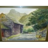 E.GREIG HALL. 20th.C.ENGLISH SCHOOL. ARR. LANGDALE, SIGNED WATERCOLOUR TOGETHER WITH ANOTHER LAKE