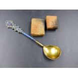 A ST PETERSBURG ENAMELLED 84 SILVER SPOON TOGETHER WITH TWO MIDDLE EASTERN CLAY TABLETS BEARING