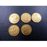 COINS. FIVE GOLD HALF SOVEREIGNS, 1911, 1903, 2 x 1906 AND 1913. (5)