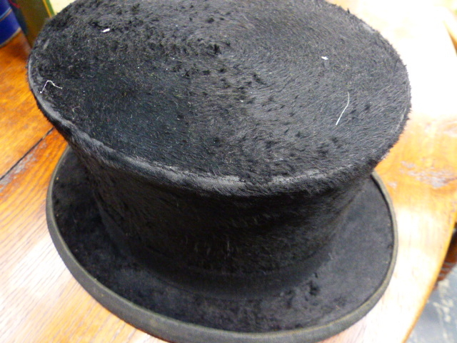 A BLACK TOP HAT BY MOSS BROS IN A CANVAS AND LEATHER HAT BOX, A GREY TOP HAT BY HERBERT JOHNSON - Image 2 of 7