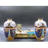 A CHINESE CLOISONNE MILLEFIORE SMOKER'S COMPENDIUM, THE TWO HANDLED TRAY WITH TWO COVERED