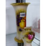 A ROYAL WORCESTER WAISTED CYLINDRICAL VASE PAINTED WITH FRUIT BY R.SEBRIGHT. H.22cms TOGETHER WITH A