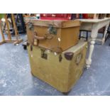A LARGE CANVAS CABIN TRUNK AND A LEATHER HAT BOX.