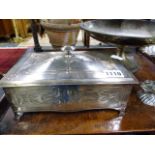 A PAIR OF SILVER PLATED FIVE BRANCH CANDELABRA, AN ART NOUVEAU JEWELLERY BOX, A PLATED GALLERY TRAY,