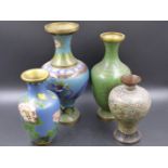 FOUR CHINESE CLOISONNE VASES, THREE OF BALUSTER SHAPE, THE TALLEST. H.26.5cms, ONE OVOID. H.18cms.