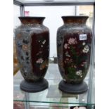 A PAIR OF JAPANESE BRASS MOUNTED BALUSTER FORM CLOISONNE VASES, FORMERLY OIL LAMP BASES, FLORAL