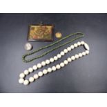 A GREENSTONE BEAD NECKLACE, ANOTHER IN BONE, A PORTRAIT MINIATURE BROOCH, A GILT MEDALLION AND A