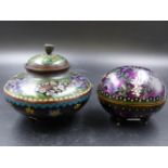 A JAPANESE PURPLE GROUND CLOISONNE EGG SHAPED BOX. W.9cms TOGETHER WITH A SQUAT GLOBULAR JAR AND