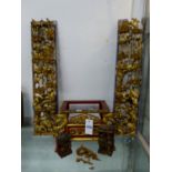 A PAIR OF CHINESE GILT AND PIERCED WOOD TEMPLE PANELS. 60 x 13.5cms TOGETHER WITH A STAND AND