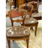 A SET OF EIGHT VICTORIAN WALNUT DINING CHAIRS WITH BUTTON LEATHER UPHOLSTERED SEATS.