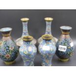 THREE PAIRS OF CHINESE CLOISONNE VASES DECORATED WITH FLOWERS ON TURQUOISE GROUNDS, THE BOTTLE