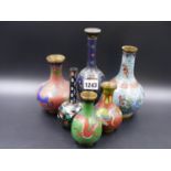 SIX ORIENTAL CLOISONNE VASES, THE TALLEST OF SLENDER FORM WITH HEXAGONAL PANELLED BODY. H.19cms
