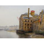 PETER FRENCH. (B.1951) ARR. THAMES TUNNEL MILLS. LONDON, SIGNED WATERCOLOUR. 36 x 54cms TOGETHER
