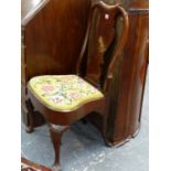 A CARVED MAHOGANY EARLY GEORGIAN BALLOON SEAT CHAIR WITH VASE FORM BACK SPLAT, NEEDLEPOINT FLORAL