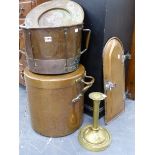 A LARGE COPPER LIDDED COOKING POT, A COPPER COVER, A COPPER MEASURE, AN ARTS AND CRAFTS BRASS LAMP