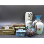 A COLLECTION OF FIVE CLOISONNE BOXES AND FIVE VASES.