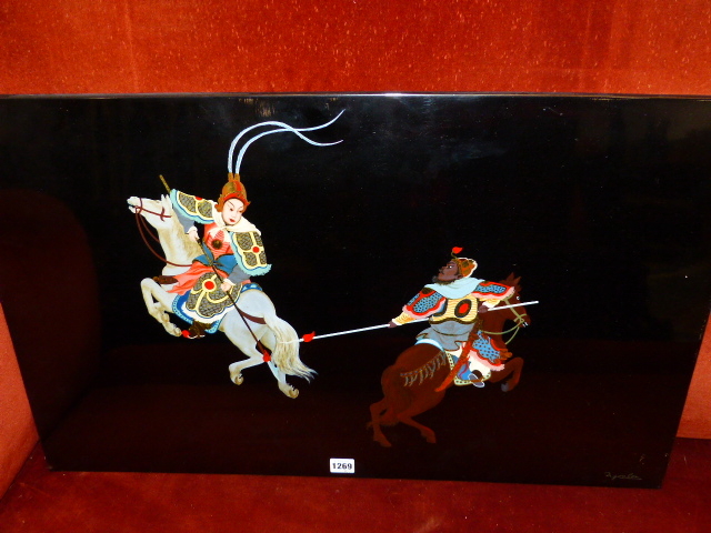 A PAIR OF CONTEMPORARY EASTERN LACQUER PANELS DECORATED WITH EQUESTRIAN WARRIORS, SIGNED. 49 x