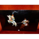 A PAIR OF CONTEMPORARY EASTERN LACQUER PANELS DECORATED WITH EQUESTRIAN WARRIORS, SIGNED. 49 x