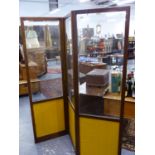 A LATE VICTORIAN MAHOGANY AND GLAZED THREE FOLD DRESSING SCREEN. H.183cms.