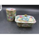 A CANTONESE SOAP DISH, STRAINER AND COVER. W.14cms TOGETHER WITH A CYLINDRICAL BOX. H.9.5cms.