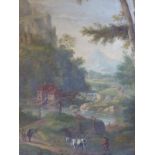 COPLESTONE WARRE BAMPFYLDE. BRITISH. (1719-1791) ROMANTIC LANDSCAPE WITH FIGURES, DISTANT CASTLE AND