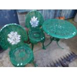 A VICTORIAN STYLE SMALL GARDEN TABLE AND FOUR CHAIRS.