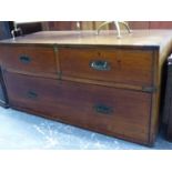 A 19th.C.CAMPHORWOOD CAMPAIGN CHEST, TOP SECTION OF TWO SHORT AND ONE LONG DRAWERS WITH RECESSED