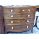 AN EARLY 19th.C.MAHOGANY BOW FRONT CHEST OF TWO SHORT AND THREE LONG GRADUATED DRAWERS ON SPLAYED