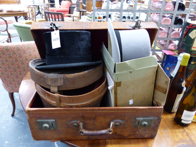 A BLACK TOP HAT BY MOSS BROS IN A CANVAS AND LEATHER HAT BOX, A GREY TOP HAT BY HERBERT JOHNSON - Image 4 of 7